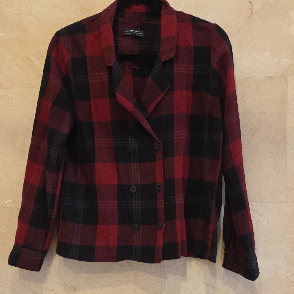 WOMEN'S ZARA RED & BLACK PLAID DOUBLE BREASTED BLAZER JACKET SHIRT TOP $39 Sz M